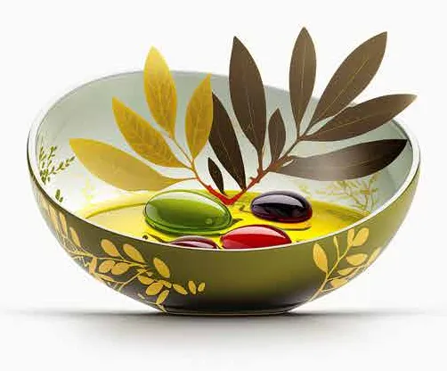 A bowl of olives and olive leaves